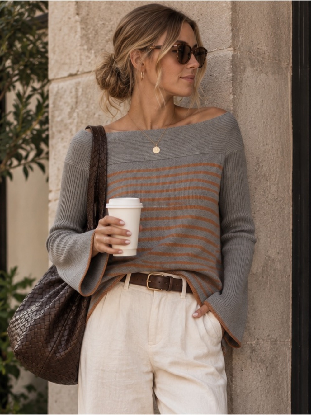 Anthropologie Gray and Tan Off-Shoulder Sweater